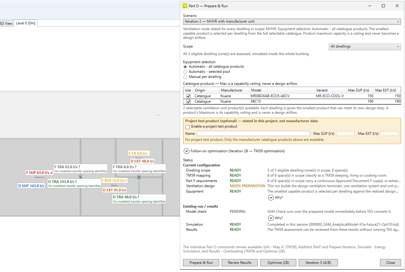 SAM Part O Prepare and Run interface showing a prepared ventilation scenario and simulation status.