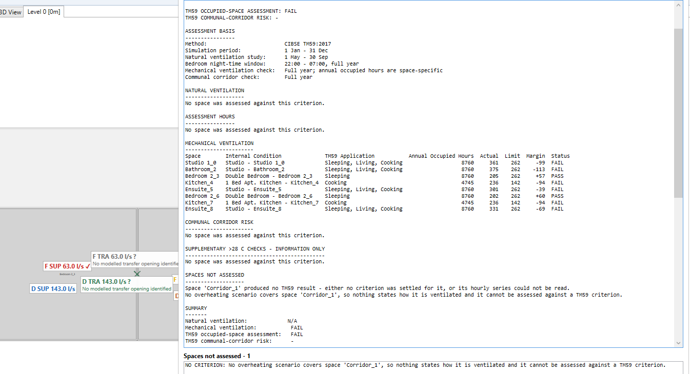 SAM TM59 result review showing room-level overheating assessment outcomes from a Tas simulation.